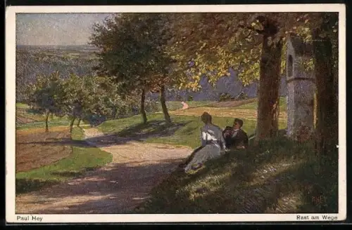 Künstler-AK Paul Hey: Verein für das Deutschtum im Ausland, Liebespaar liegt im kühlen Schatten der Bäume