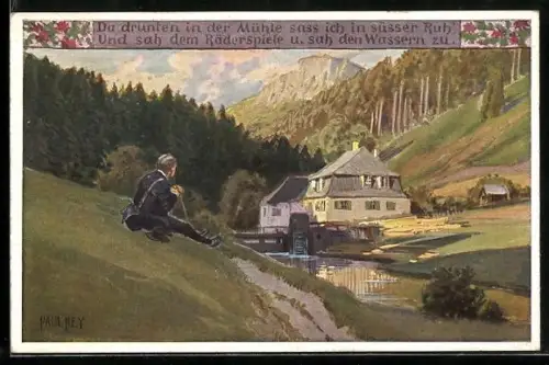 Künstler-AK Paul Hey: Verein für das Deutschtum im Ausland, Wanderer sitzt an einer Wassermühle