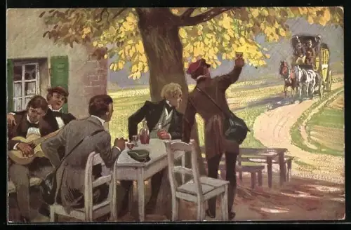 Künstler-AK Paul Hey: Verein für das Deutschtum im Ausland, Studenten winken einer Postkutsche