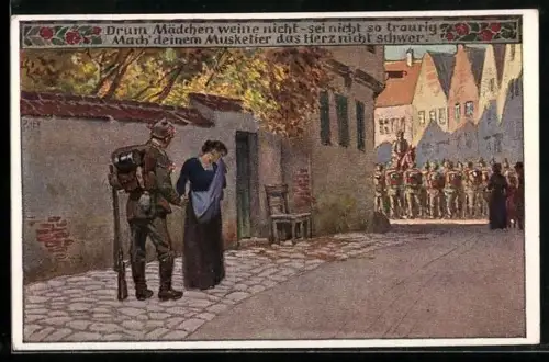 Künstler-AK Paul Hey: Verein für das Deutschtum im Ausland, Soldat verabschiedet sich von seiner Geliebten