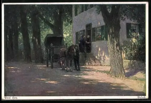 Künstler-AK Paul Hey: Verein für das Deutschtum im Ausland, Besuch, Kutsche vor einer Haustür
