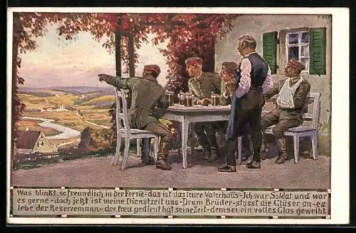 Künstler-AK Paul Hey: Verein für das Deutschtum im Ausland, Soldaten vor einem Wirtshaus