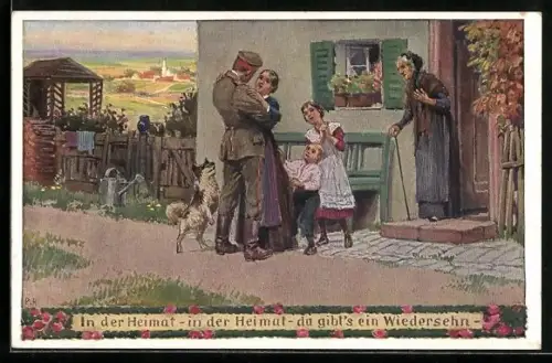 Künstler-AK Paul Hey: Verein für das Deutschtum im Ausland, Soldat in Uniform kehrt nach Hause zurück