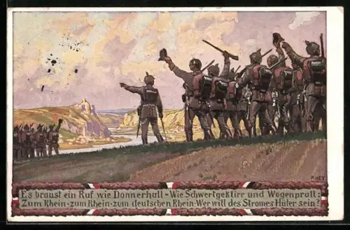 Künstler-AK Paul Hey: Verein für das Deutschtum im Ausland, Soldaten am Rhein