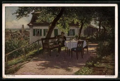 Künstler-AK Paul Hey: Verein für das Deutschtum im Ausland, Ferienzeit, Student liest im Garten