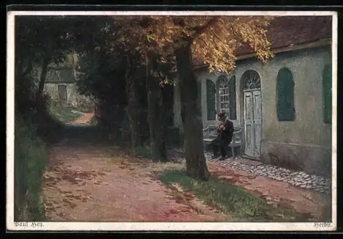 Künstler-AK Paul Hey: Verein für das Deutschtum im Ausland, Älterer Herr auf einer Bank im Herbst