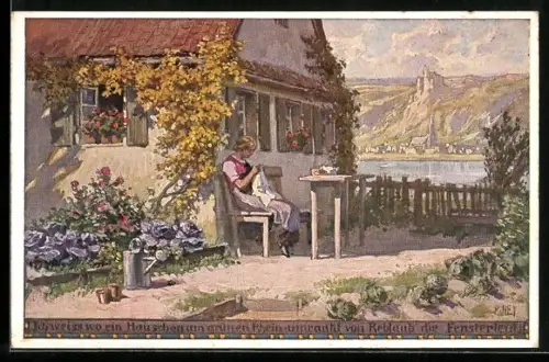 Künstler-AK Paul Hey: Verein für das Deutschtum im Ausland, Mädchen bei der Handarbeit vor dem Haus