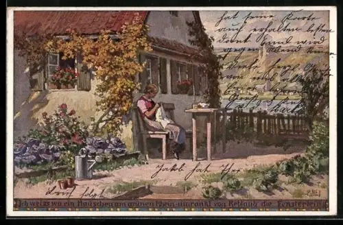 Künstler-AK Paul Hey: Verein für das Deutschtum im Ausland, Mädchen bei der Handarbeit vor dem Haus