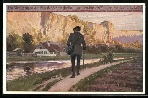 Künstler-AK Paul Hey: Verein für das Deutschtum im Ausland, Wanderer an einem Fluss
