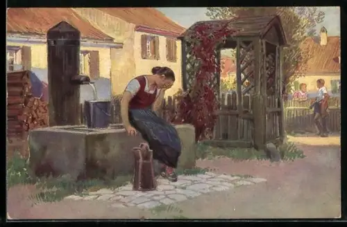 Künstler-AK Paul Hey: Verein für das Deutschtum im Ausland, Weinendes Mädchen am Brunnen
