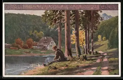 Künstler-AK Paul Hey: Verein für das Deutschtum im Ausland, Wanderer sitzt am Ufer