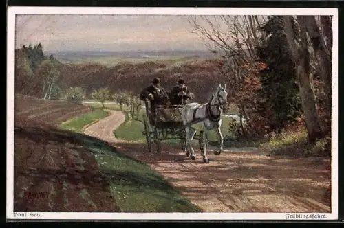 Künstler-AK Paul Hey: Verein für das Deutschtum im Ausland, Zwei Männer in einer Pferdekutsche