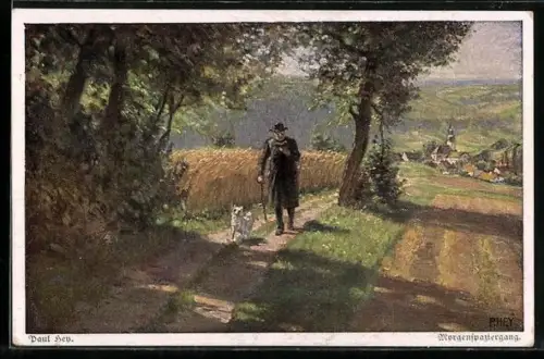 Künstler-AK Paul Hey: Verein für das Deutschtum im Ausland, Morgenspaziergang eines Pfarrers mit Hund