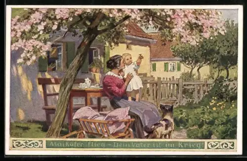 Künstler-AK Paul Hey: Verein für das Deutschtum im Ausland, Mutter mit Kind und Hund im Garten