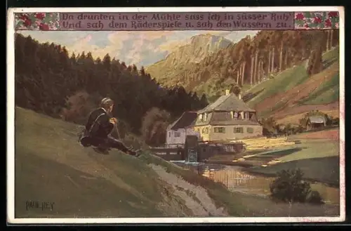 Künstler-AK Paul Hey: Verein für das Deutschtum im Ausland, Wanderer an einer Wassermühle