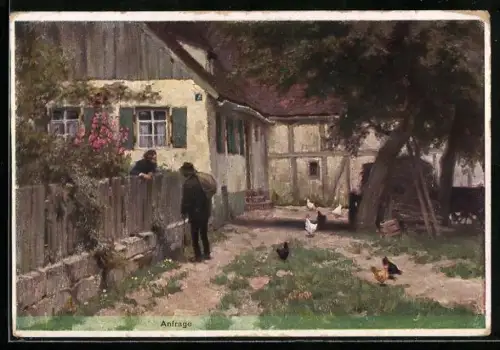 Künstler-AK Paul Hey: Verein für das Deutschtum im Ausland, Mann redet mit Frau über einen Zaun