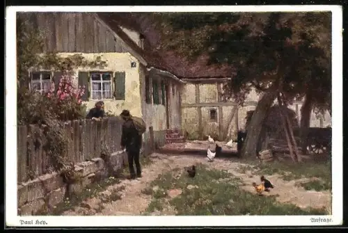 Künstler-AK Paul Hey: Verein für das Deutschtum im Ausland, Mann redet mit Frau über einen Zaun