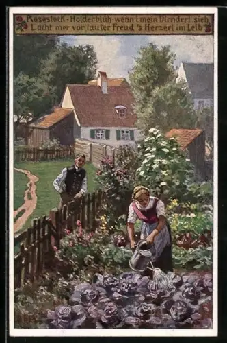 Künstler-AK Paul Hey: Verein für das Deutschtum im Ausland, Rosestock, Holderblüh, Frau giesst ihre Blumen im Garten