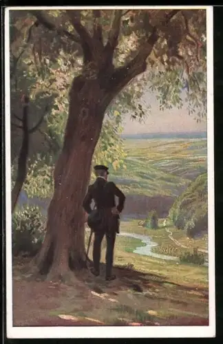 Künstler-AK Paul Hey: Verein für das Deutschtum im Ausland, O Täler weit o Höhen, Wanderer geniesst den Ausblick