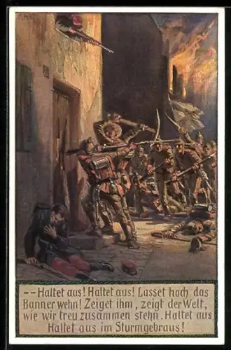 Künstler-AK Paul Hey: Verein für das Deutschtum im Ausland, Soldaten in Uniformen stürmen Haus