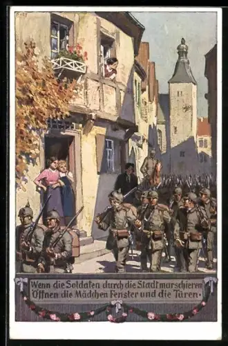 Künstler-AK Paul Hey: Verein für das Deutschtum im Ausland, Soldaten marschieren durch die Stadt