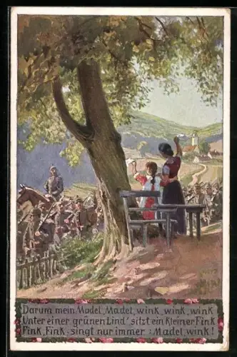 Künstler-AK Paul Hey: Verein für das Deutschtum im Ausland, Mutter und Kind verabschieden die Soldaten