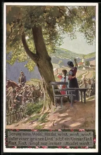 Künstler-AK Paul Hey: Verein für das Deutschtum im Ausland, Mutter und Kind verabschieden die Soldaten