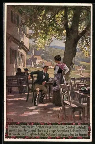 Künstler-AK Paul Hey: Verein für das Deutschtum im Ausland, Keinen Tropfen im Becher mehr und der Beutel schlaff