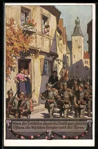 Künstler-AK Paul Hey: Verein für das Deutschtum im Ausland, Soldaten marschieren durch die Stadt