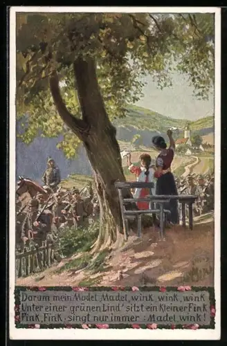 Künstler-AK Paul Hey: Verein für das Deutschtum im Ausland, Mutter und Kind verabschieden die Soldaten