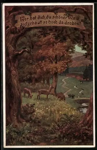 Künstler-AK Paul Hey: Verein für das Deutschtum im Ausland, Rehe am Waldrand mit verstecktem Eichhörnchen