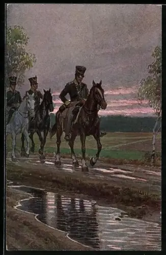 Künstler-AK Paul Hey: Verein für das Deutschtum im Ausland, Soldaten in Uniformen reiten in der Morgendämmerung