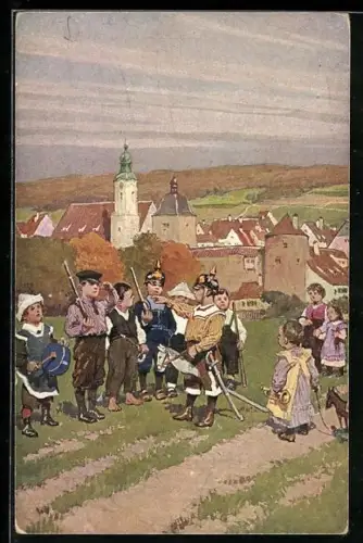 Künstler-AK Paul Hey: Verein für das Deutschtum im Ausland, Kinder mit Pickelhaube beim Salutieren