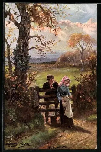 Künstler-AK Harry Payne: Bauernpaar unterhält sich an einem Zaun
