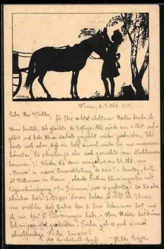 Künstler-AK Carus: Mädchen dekoriert einen Esel mit Zweigen