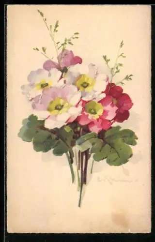 Künstler-AK Catharina Klein: Strauss mit rosanen und rotem Blüten