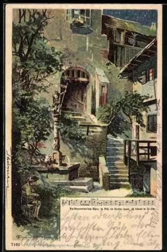 Künstler-AK T.Guggenberger: Dame sitzt vor dem Eingang zur Burg, Liedtext