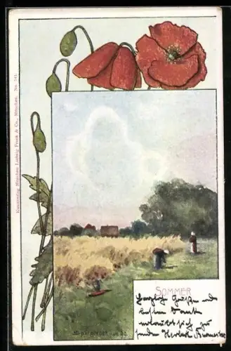 Künstler-Lithographie August Splitgerber: Sommer, Feldarbeiterinnen und Roter Mohn