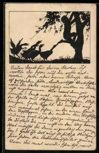 Künstler-AK Carus: Gänse verfolgen ein Kind, das auf einen Baum klettert