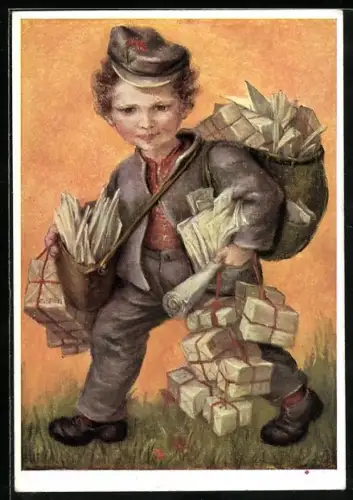 Künstler-AK Maria Spötl: Kleiner Briefträger mit Paketen und Briefen beladen