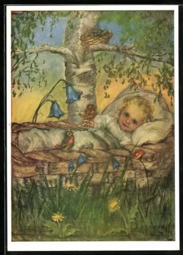 Künstler-AK Maria Spötl: Frohes Erwachen, Kind im Weidenkorb unterm Vogelnest