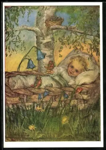 Künstler-AK Maria Spötl: Frohes Erwachen, Kind im Weidenkorb unterm Vogelnest