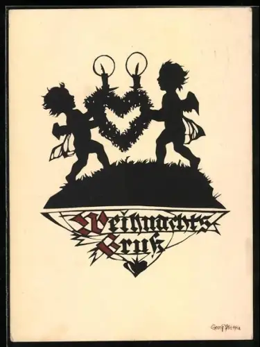 Künstler-AK Georg Plischke: Zwei Weihnachtsengel tragen einen herzförmigen Kranz