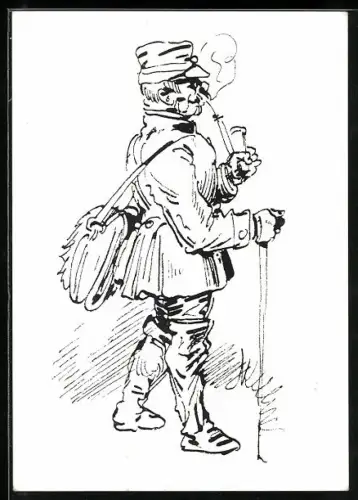 Künstler-AK Wilhelm Busch: Der Landpostbote m. Wanderstock & Pfeife