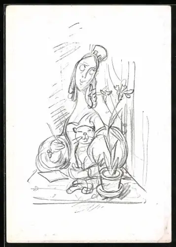 Künstler-AK Wilhelm Busch: Briefe von Tildchen Lockenstock, Dame mit ihrer Katze am Fenster