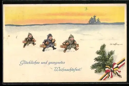 Künstler-AK Ad. Hoffmann: Drei kleine Soldaten stapfen durch den Schnee