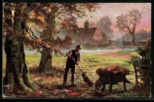 Künstler-AK Harry Payne: Mann fegt Herbstlaub im Garten zusammen