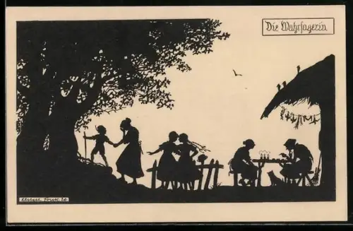 Künstler-AK Elsbeth Forck: Allerlei Zauber, Wahrsagerin verrät die Zukunft, Schattenbild