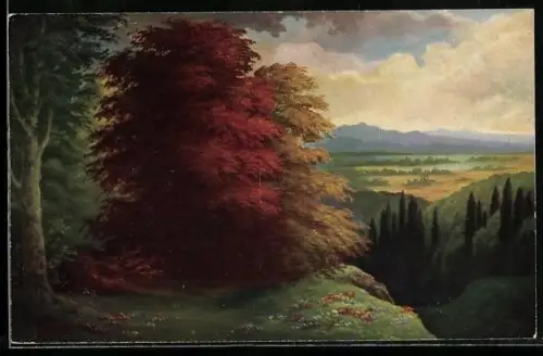 Künstler-AK G. Fiebiger: Idyllische Herbstlandschaft mit Bergen