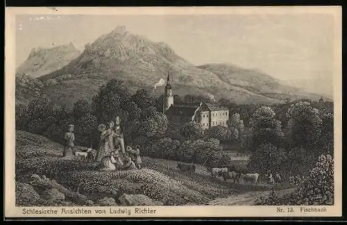 Künstler-AK Ludwig Richter: Fischbach, Blick auf den Ort vom Feld aus
